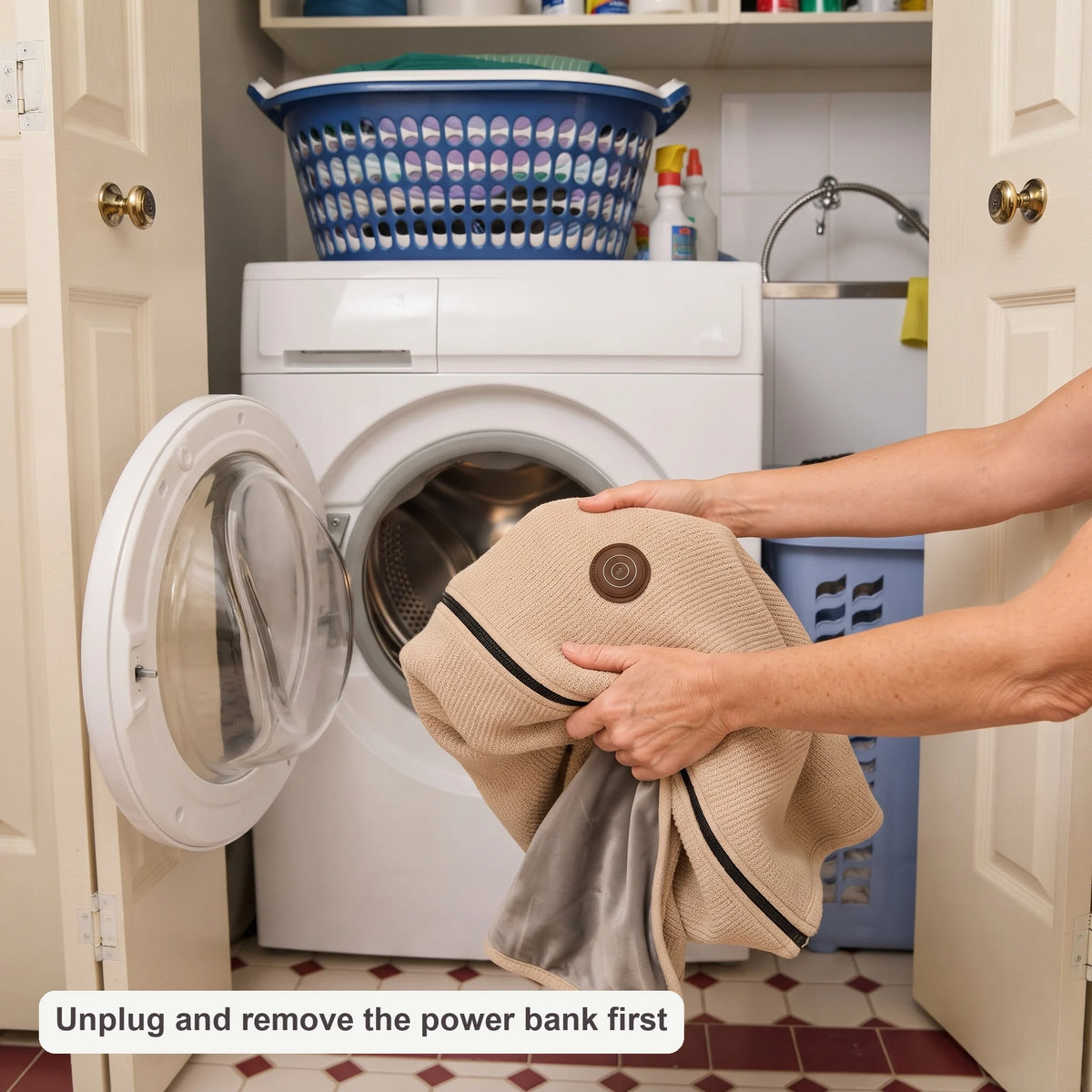 AerPack WarmWrap going into the washing machine: unplug and remove the power bank first