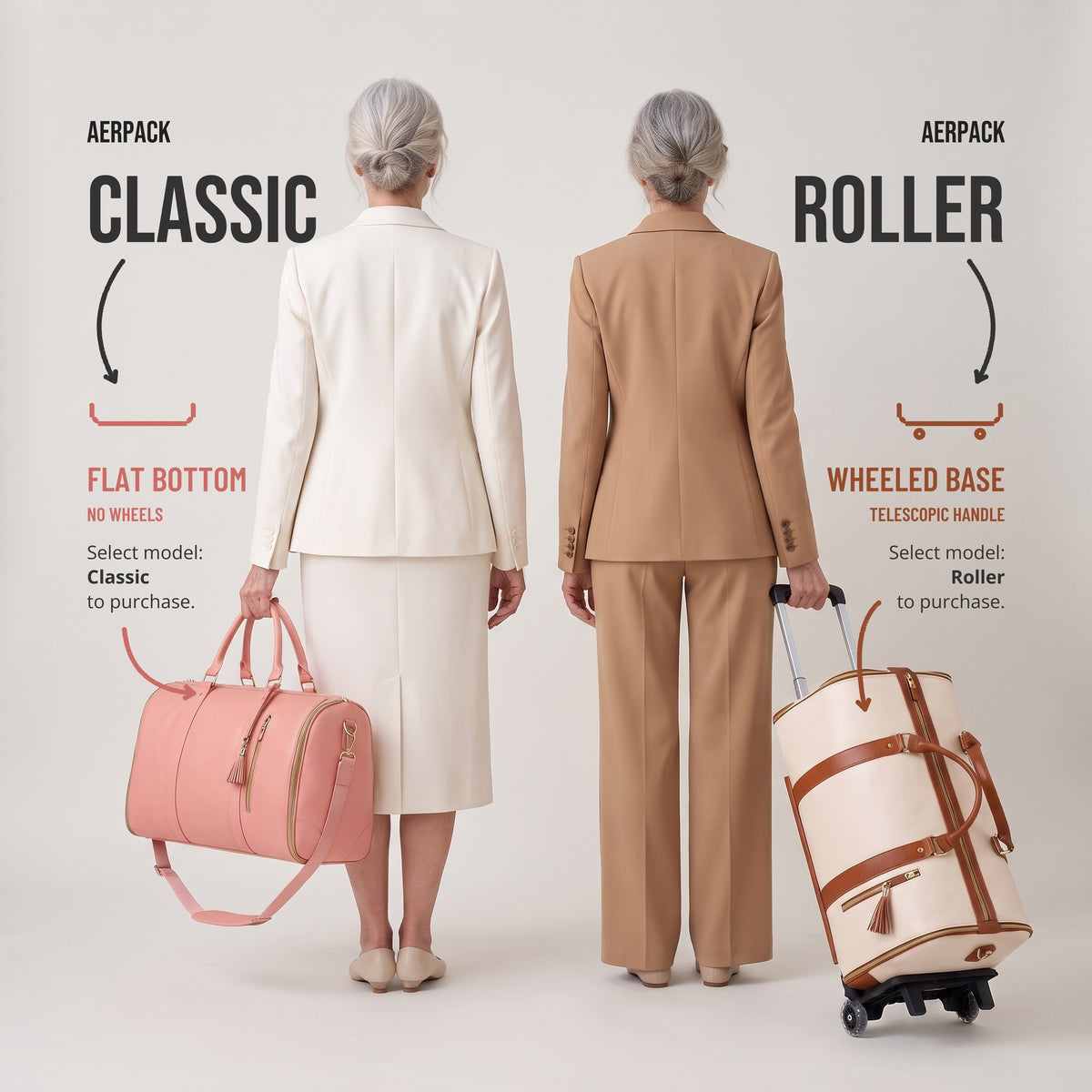 Les deux modèles du sac weekender AerPack : Classique porté à la main, À roulettes tiré par sa poignée