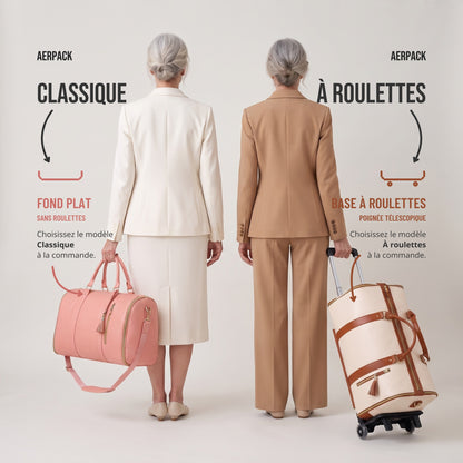 Les deux modèles du sac weekender AerPack : Classique porté à la main, À roulettes tiré par sa poignée
