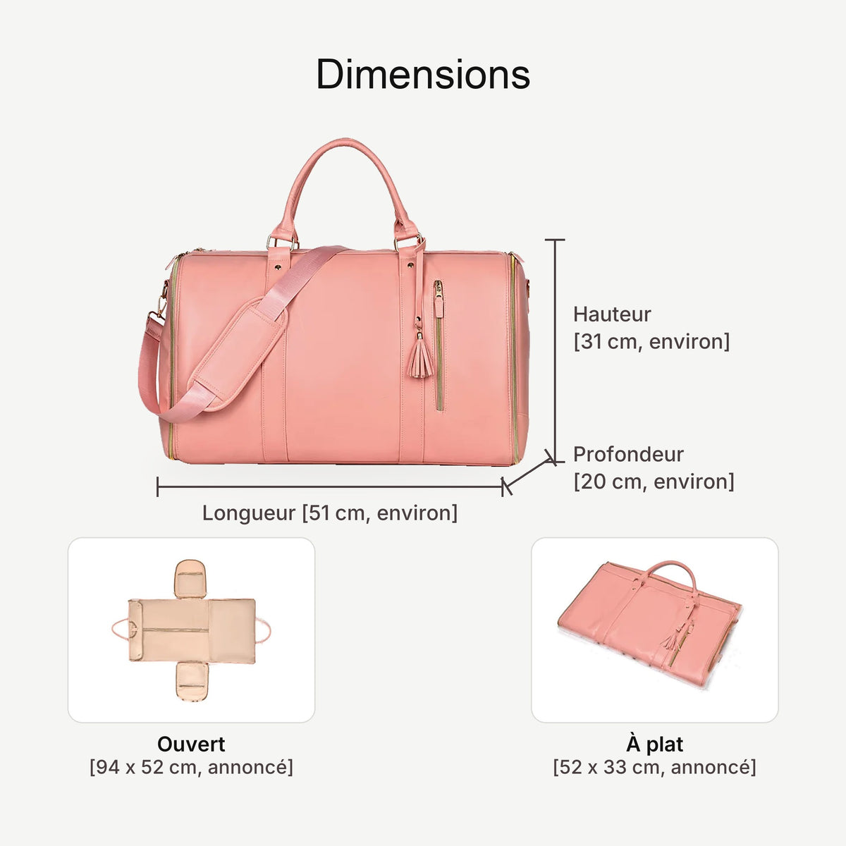 Dimensions du sac weekender AerPack : environ 51 x 31 x 20 cm fermé, 94 x 52 cm ouvert à plat (annoncés)