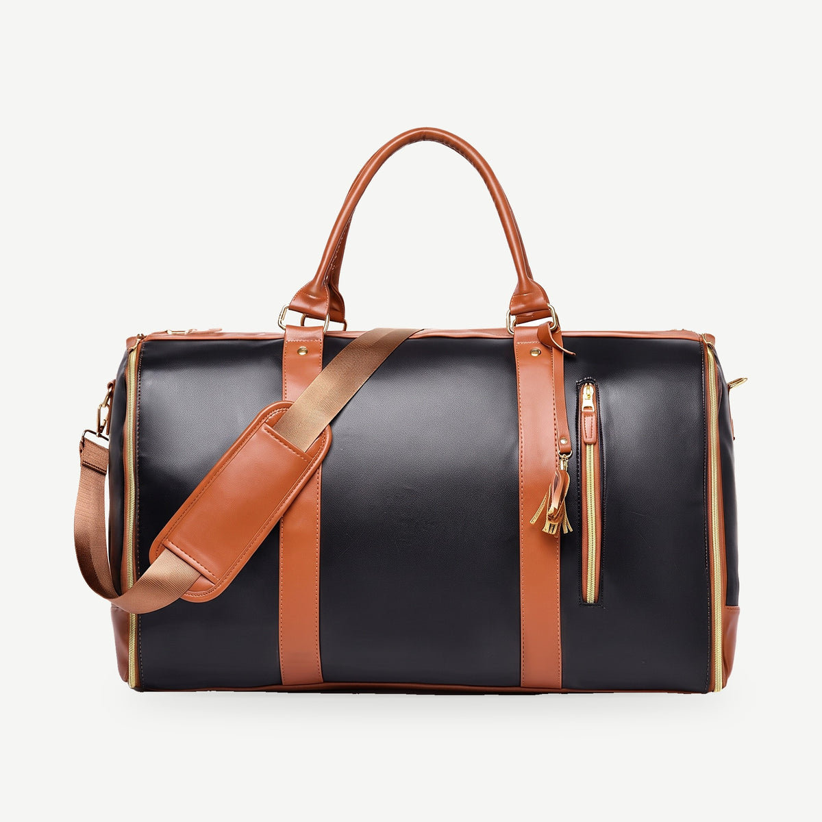 Sac weekender AerPack, coloris Noir charbon (noir et marron), modèle Classique, vue de trois quarts