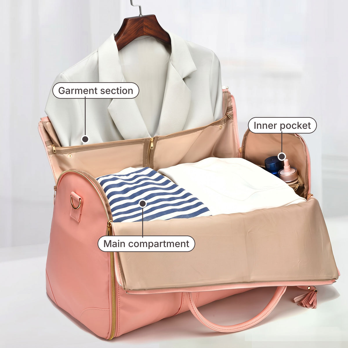 AerPack Weekender in Rose, open: garment section, inner pocket, main compartment