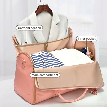 AerPack Weekender in Rose, open: garment section, inner pocket, main compartment