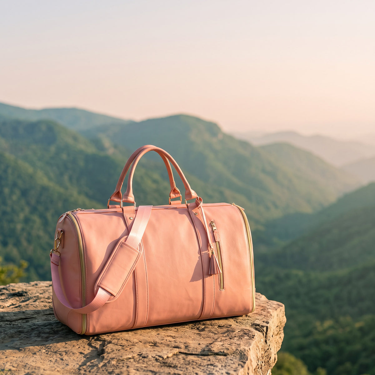 Sac weekender AerPack coloris Rose posé sur un rocher face à la montagne