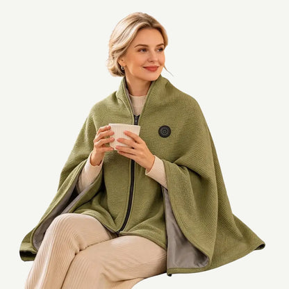 Woman wearing the AerPack WarmWrap in olive green