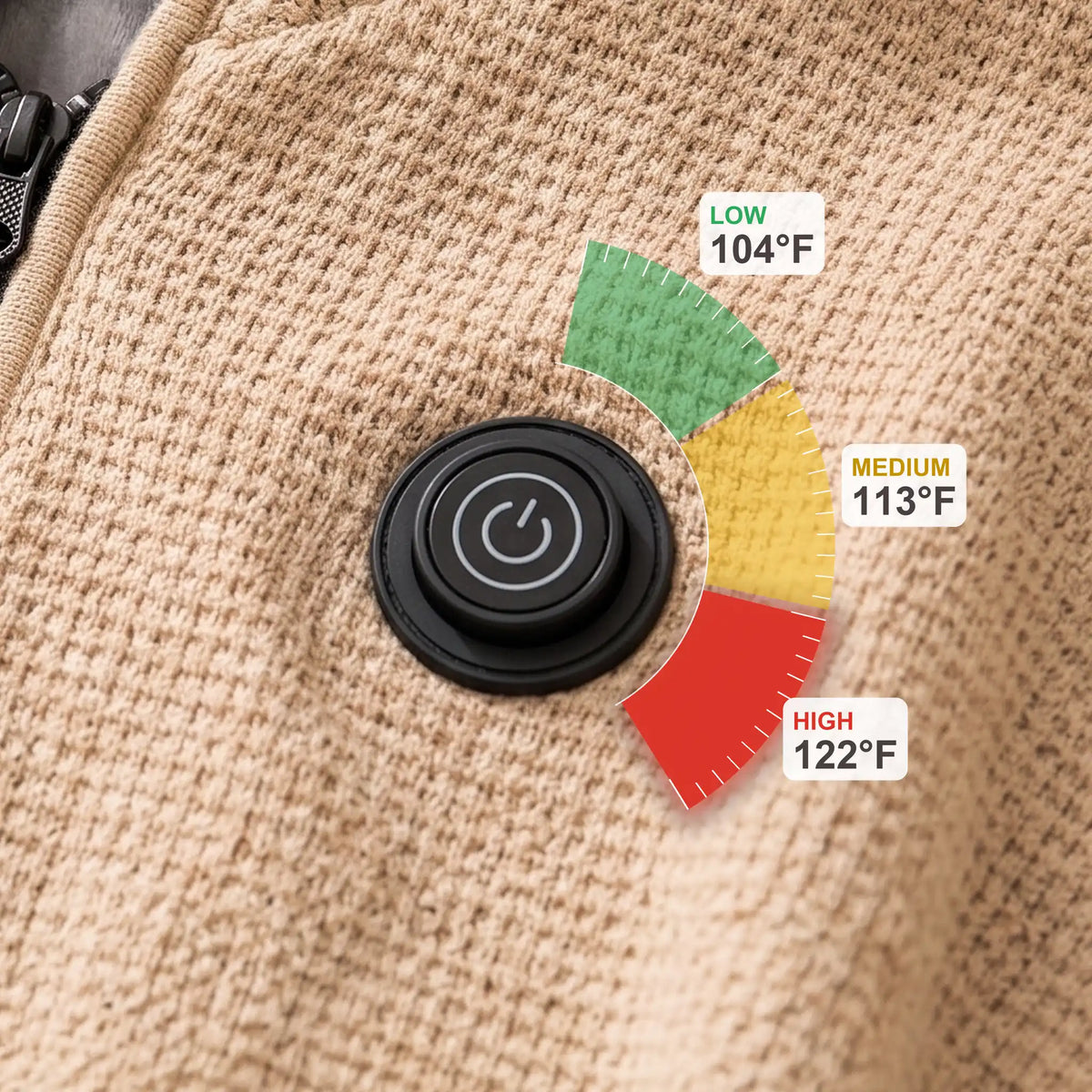 AerPack WarmWrap heat button with 3 settings: Low 104 °F, Medium 113 °F, High 122 °F