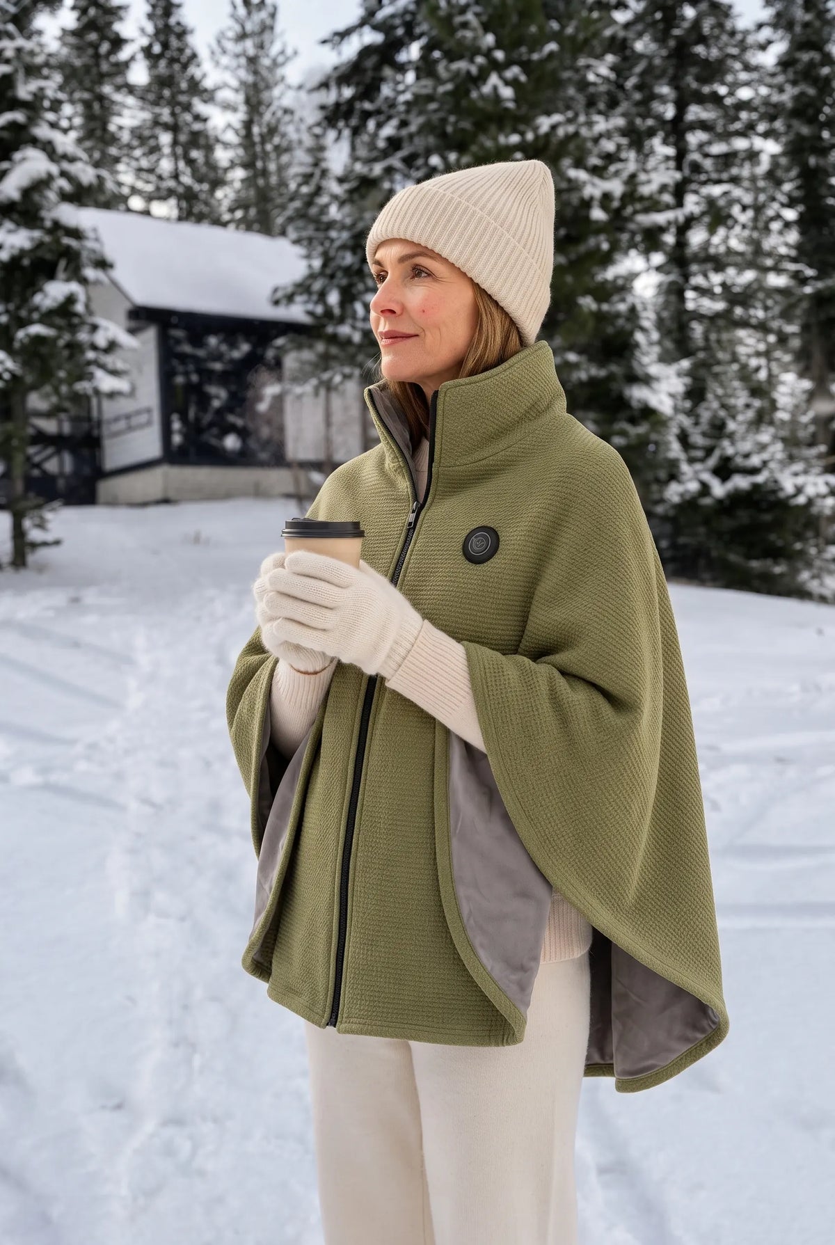 Woman outdoors in the snow wearing the olive green AerPack WarmWrap
